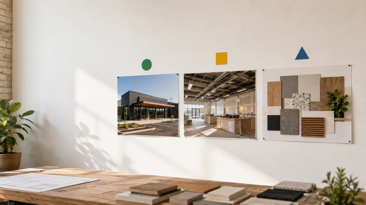 阳光展示桌上营业门店、施工现场和方案材料三类项目照片